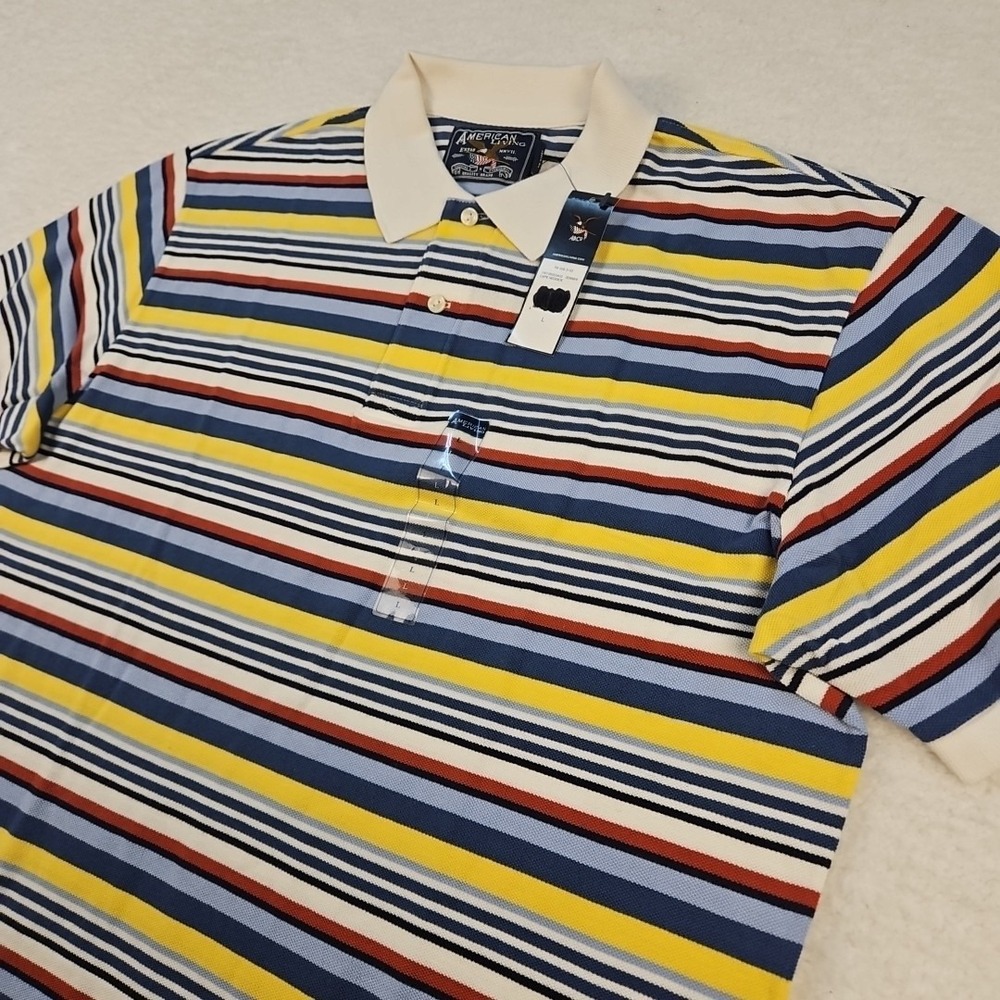 NWT American Living Cape Neddick Mens Multi Striped Short Sleeve Pique Polo Sz L